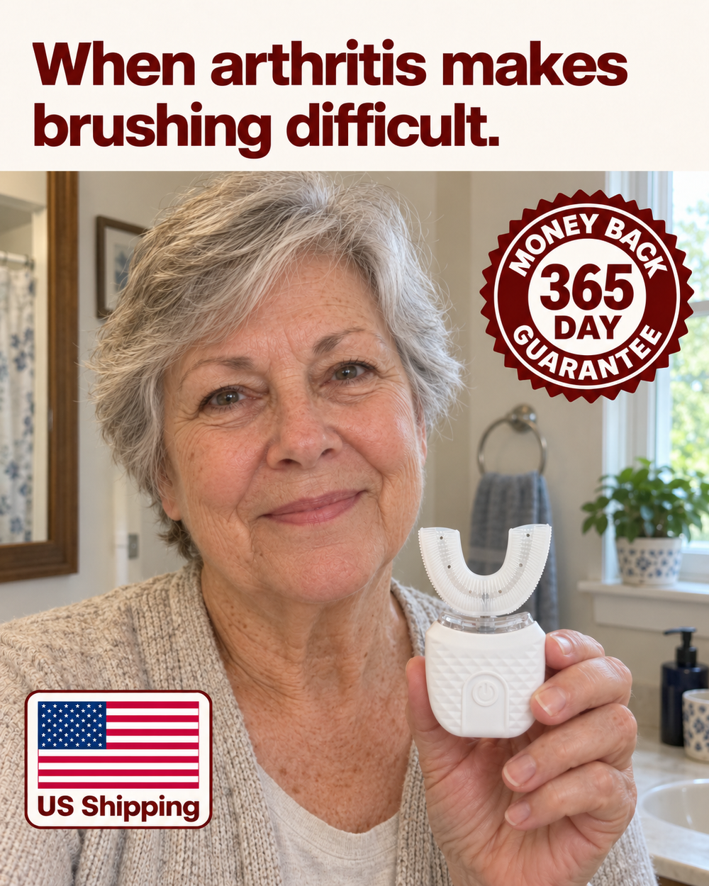 Older woman holding U Brush, with U.S. shipping and 365 day money back guarantee badges.