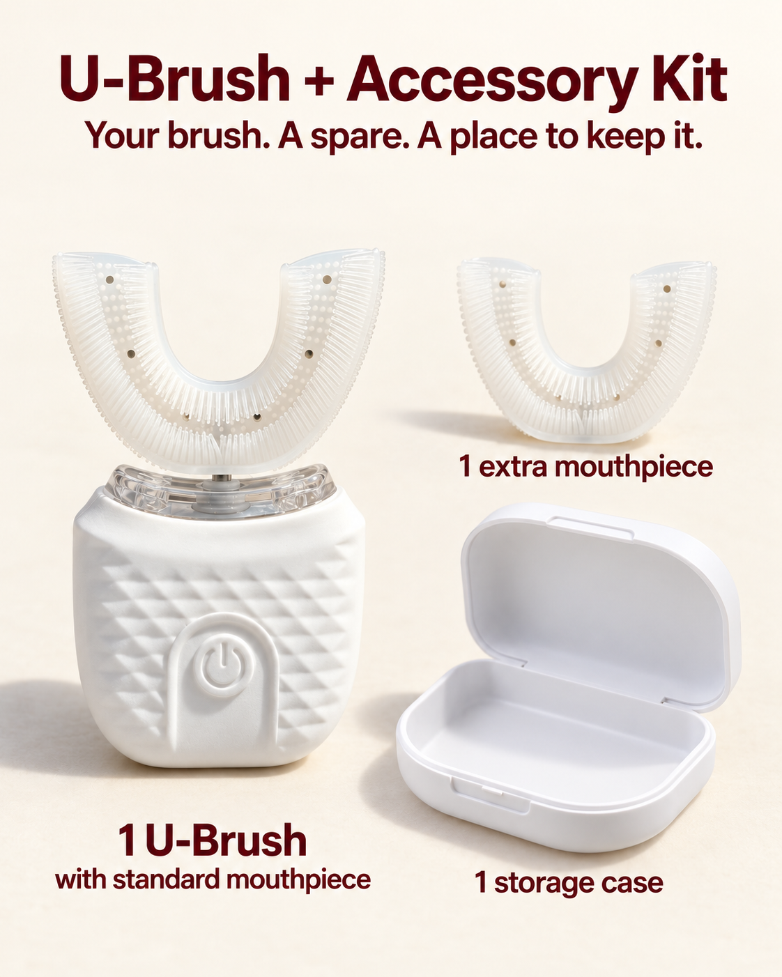 U-Brush Accessory Kit: one U-Brush with standard mouthpiece, one extra mouthpiece and one storage case.
