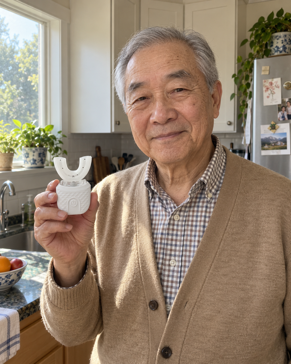 AI-generated lifestyle image of an older adult holding U Brush