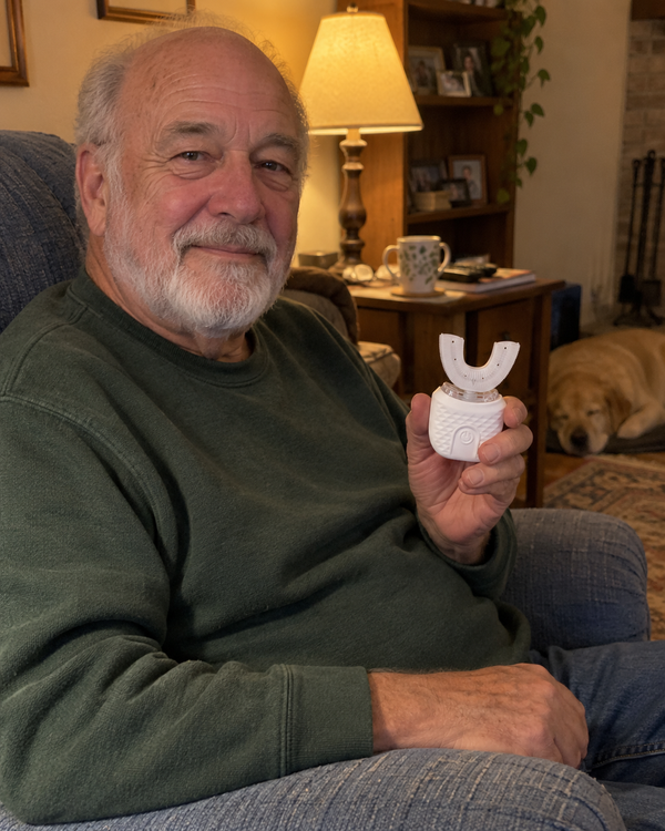 AI-generated lifestyle image of an older adult holding U Brush