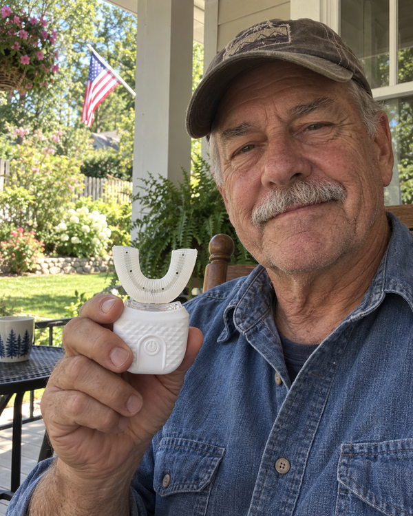 AI-generated lifestyle image of an older adult holding U Brush