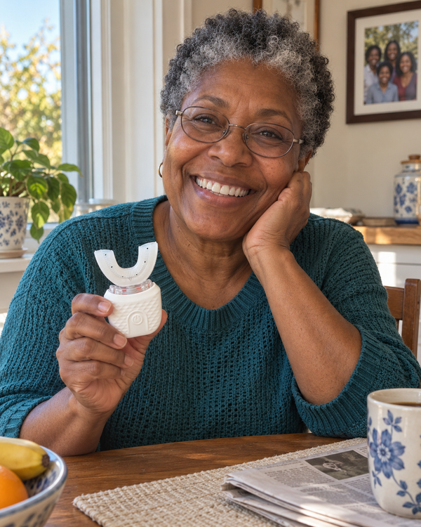 AI-generated lifestyle image of an older adult holding U Brush