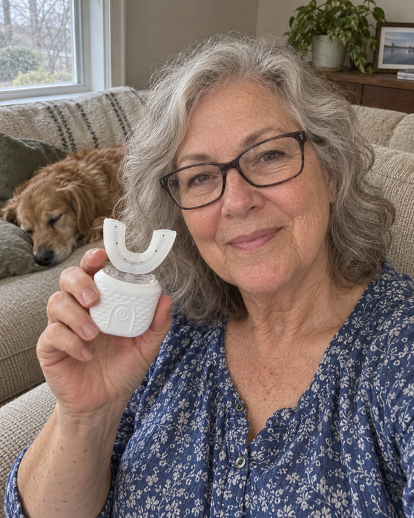 AI-generated lifestyle image of an older adult holding U Brush