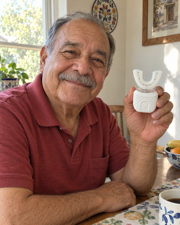AI-generated lifestyle image of an older adult holding U Brush