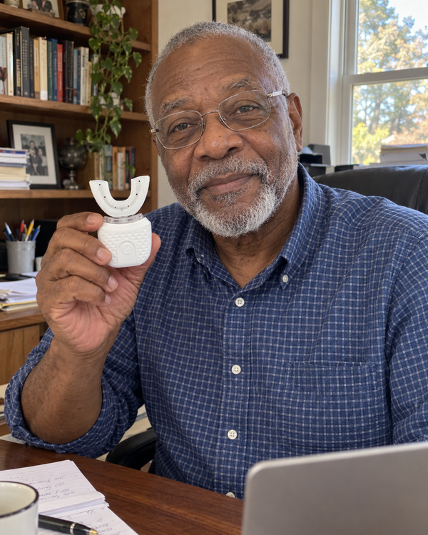 AI-generated lifestyle image of an older adult holding U Brush